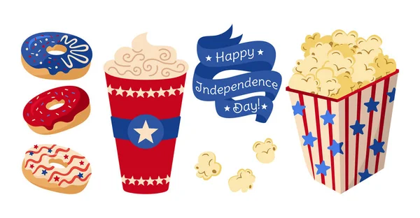 Bandera americana Independence Day card Copa donut food — Vector de stock