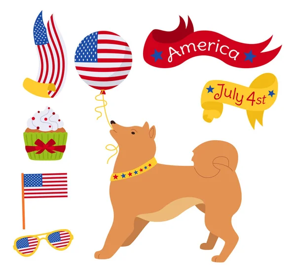 American Independence Day cartoon set vector dog — Vector de stock