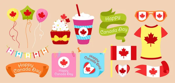 Happy Canada Day flat set Flag ribbon note vector — ストックベクタ