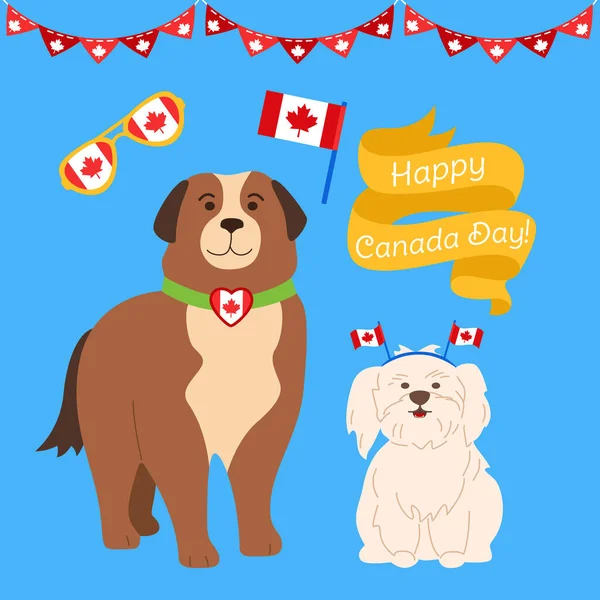 Canadá Dia cartoon conjunto patriótico cães bandeira vetor —  Vetores de Stock