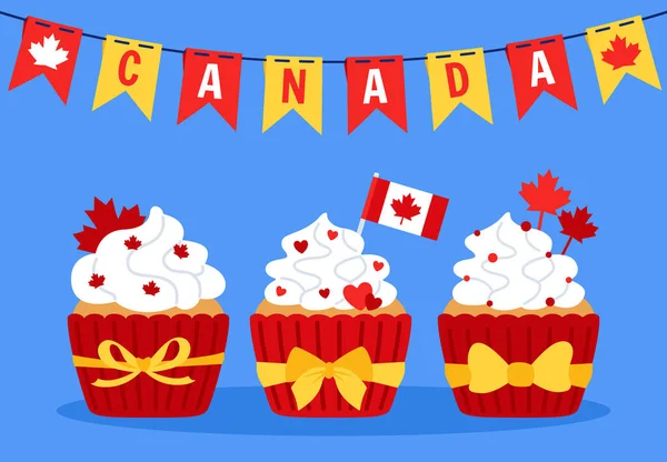 Feliz Canadá Dia cupcakes cartão patriota bandeira vetor —  Vetores de Stock