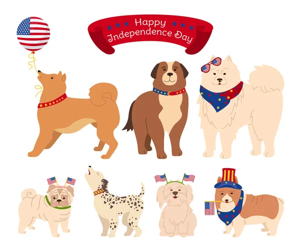 Perro set americano independencia día patriótico nosotros mascota — Vector de stock