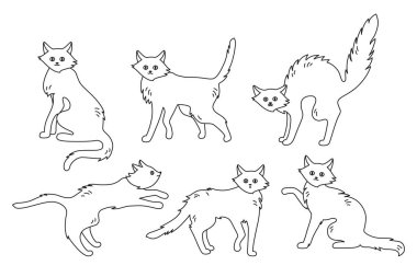 Cat active poses contour doodle set playing vector
