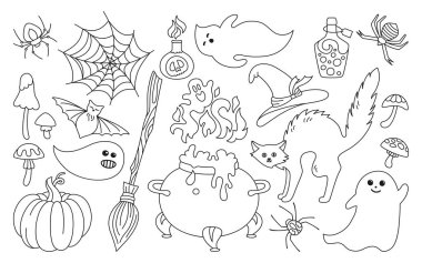 Halloween holiday symbolic doodle set flat vector