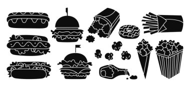 Fast food kabartma simgesi. Hamburger, patates, patlamış mısır.