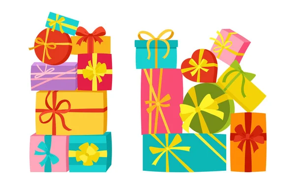 礼品盒堆彩带生日礼物堆 — 图库矢量图片