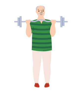 Older men do sports strength training barbell exercises. Muscle growth health improvement. Elderly people character workout cartoon vector. Therapeutic sport old men. Adult senior fitness barbell gym