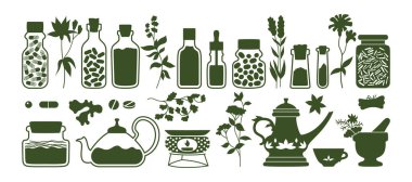 Ayurveda medicine symbol set. Sign medical ayurvedic vector illustration. Medicine bottle with pills capsules vitamin, cosmetics. Tincture tea and teapot cup, ginger and spices. Herbs and flowers