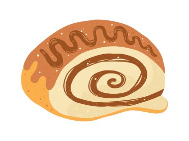 Cinnamon roll with chocolate glaze illustration. Hand drawn trendy round bun bakery perfect for bakery grocery branding, menu logo recipe books, wallpaper packaging, background stylized vector