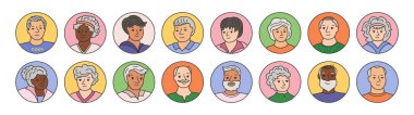 Set of avatars of happy smiling elderly people. Portraits old men and women characters line doodle set. Laughter joy, smile adult seniors different nationalities male female circle web avatars vector