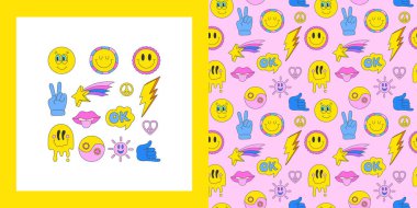 Retro çıkartması komik, dikişsiz çizgi film deseni. Psikedelik çizgi roman çıkartması hippi tarzı, modaya uygun 90 'ların sınırsız çizgi film geçmişi. Sonsuz vektör yazdırma tekstil kumaş ambalajı şablon dekorasyonu