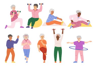 Yaşlı insanlar spor çizgi film setinde oynarlar. Yaşlı karakterler hobileri olan yaşlı senyoralar. Yetişkin yaşlılar koşuyor, spor yapıyor, jimnastik yapıyor, kardiyo yapıyor, yoga yapıyor, esneme hareketleri yapıyor, güç kazanıyor.