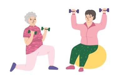 Yaşlı kadınlar halterleriyle spor egzersizleri yapıyorlar. Rehabilitasyon için yetişkin bayan senyoralar. Eski senyoritalar terapi jimnastiği, yoga sınıfı, pilates vektör tasarımı