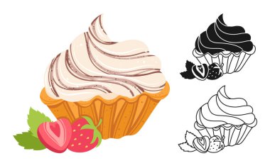 Vanilya kremalı kremalı kremalı kısa hamurlu pasta ve çilekli el çizimi çizgi film seti. Tatlı rosette tartı tatlı doğrusal karalama ikonu. Doku vektörü el çizimi tasarımı