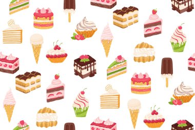 Pastalar, kek dilimleri, dondurma tatlılar vektörsüz kalıplar. Doğumgünü çeşitli dilimler pasta dokusu sınırsız arkaplan. Güzel bir tatil pastanesi. Çizgi film sonsuz ambalaj arka plan şablonu tasarımı