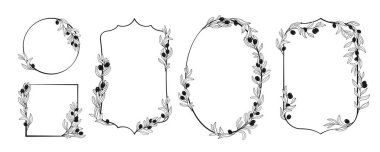 Olive branches frames vector illustration. Hand drawn botanical elegant leaves and olives linear minimal invitation wedding card, poster greeting card cover. Different Olive branches wreath collection
