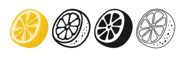 Yarım limon. Çizgi film stili limon dilimleri sembol setleri. Logo, işaret, simge ve markalaşma için mükemmel bir tasarım. Yaz için meyve simgesi, meyve suyu sağlıklı yaşam tarzı temaları vektörü
