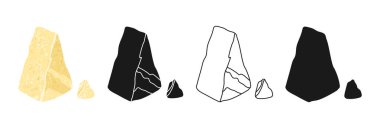 Parmesan peyniri çizgi film klibi çizimi ve basit stilize semboller seti. Bir parça Parmesan peyniri doğrusal karalama ikonu ve siyah siluet. Yiyecek ve süt ürünleri için vektör eğlence tasarımı