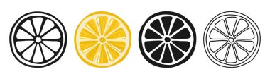 Bir dilim limon. Çizgi film stili limon dilimleri sembol setleri. Logo, işaret, simge ve markalaşma için mükemmel bir tasarım. Yaz için meyve simgesi, meyve suyu sağlıklı yaşam tarzı temaları vektörü