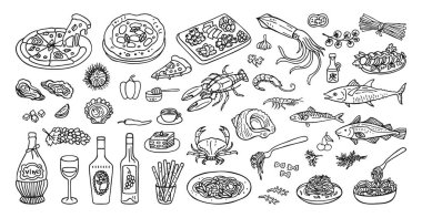 İtalyan ve İspanyol mutfağından esinlenilmiş el yapımı Akdeniz yemek çizimleri. Şarap ve deniz ürünleriyle kıyı havası. Asgari çizgi sanatı ve klasik karalama tarzı, sıcak güney atmosferi