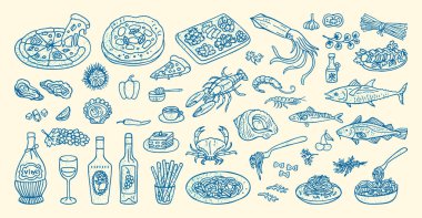 İtalyan ve İspanyol mutfağından esinlenilmiş el yapımı Akdeniz yemek çizimleri. Şarap ve deniz ürünleriyle kıyı havası. Asgari grunge çizgisi sanat ve klasik karalama tarzı, güney atmosferi