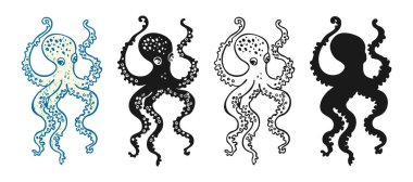 Birden fazla stilde ahtapot vektör çizimi grunge desenli görünüş, kalın silüet ve karalama çizimi. Klasik el yapımı deniz yaratığı ahtapot kraken. Denizcilik ya da deniz canavarı okyanus hayvanı