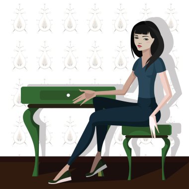 Odadaki kızın renkli illüstrasyonu. Sevimli karikatür vektör illüstrasyon.