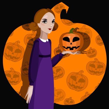 Tutan kız Halloween kabak oyma. 