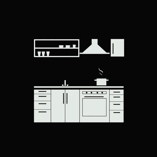 फर्नीचर और बरतन। रसोई इंटीरियर सिल्हूट। फ्लैट शैली चित्रण . — स्टॉक वेक्टर