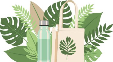 Eko Yaşam Tarzı Vektör Kümesi Yeniden Kullanılabilir Şişe, Çanta ve Tropikal Yapraklı Bambu Diş Fırçası