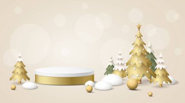 3D blank rounded podium with decorated golden Christmas trees and element on beige background graphic illustration.
