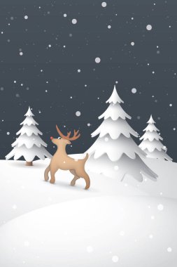 Geyikleri ve çam ağaçları ile kaplanmış şirin kır manzarası dikey şablon resimlerinde boş alan var..