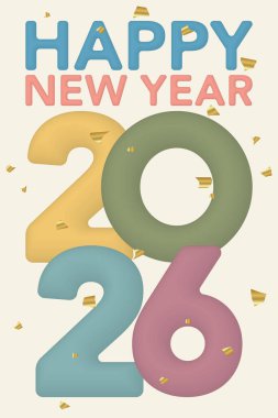 Yeni yılınız kutlu olsun. Kaligrafi, pastel renkler ve bej dikey arka planda altın konfeti..