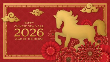 Mutlu Çin Yeni Yılı 2026 kutlamaları at, çiçek, bulut ve kırmızı zemin üzerindeki altın dikdörtgen çerçeveyle. At yılı.