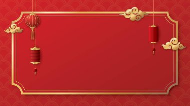 Kırmızı zemin üzerinde Çin tarzı bulutlar ve fenerler olan altın çerçeve. Çin Yeni Yıl tebrik kartı şablonunda boşluk var.
