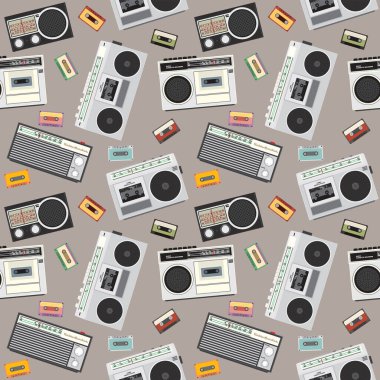 Retro kasetçalar, radyo ve renkli ses kasetleri 90 'lı yılların stil kusursuz desenli gri kare arkaplan grafik illüstrasyonu.