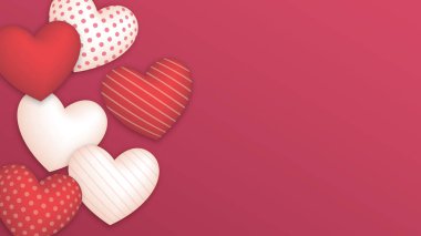 Pembe arkaplanda yüzen çeşitli tatlı kırmızı ve beyaz kalpler boş alana sahiptir. Sevgililer Günü tebrik kartı yatay şablonu.
