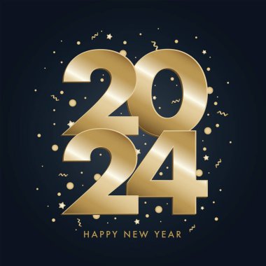2024 altın sayı, şenlikli konfeti, yıldızlar ve koyu mavi arka planda spiral kurdeleler. Vektör tatil illüstrasyonu. Mutlu yıllar 2024. Yeni yıl süsü.