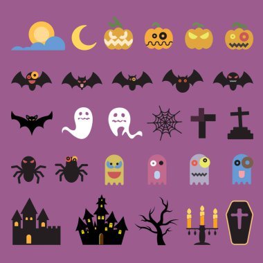 İzole cadılar bayramı çizgi film elemanları düz tasarım vektör çizimi.