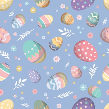 Tatlı pastel Paskalya yumurtaları el çizimi pürüzsüz desen açık mavi kare arkaplan çizimi.