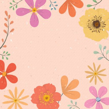 Sevimli renkli bahar çiçekleri eski kağıt desenli arka planda el çizimi tarzında boş alanlar var. Anneler Günün kutlu olsun ya da Kadınlar Günü tebrik kartı şablonu.