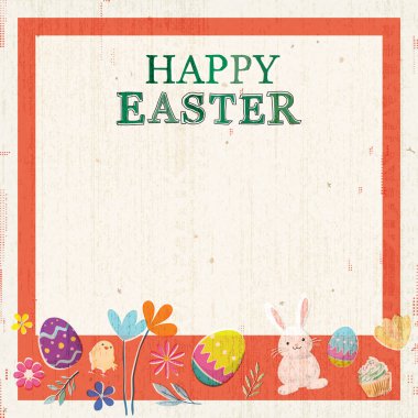 Mutlu Paskalya tebrik kartları, poster, etiket ya da afiş çizilmiş kusurlu el yazısı turuncu kare çerçeve arka planına sahip eski Roneo kağıt kaba doku üzerinde boş boşluk.