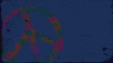 Eski bir kağıda çizik ve sıkıntı grafiği çizikleri ile mavi arka plan boyalı barış sembolü olarak çeşitli canlı çiçekler.