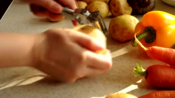 Mädchenhände mit gelben Kartoffeln und einem Messer zum Putzen von Gemüse aus nächster Nähe. Gelbe Bio-Kartoffeln schälen mit einem Suppenkartoffelschäler — Stockvideo