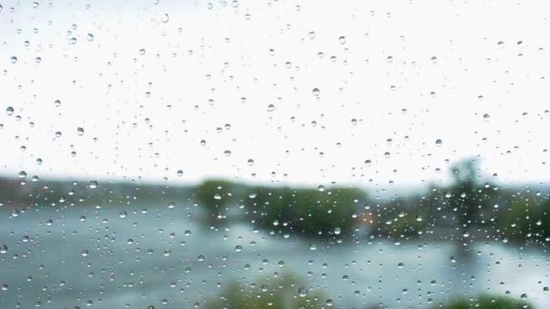 Krople deszczu spływają przez szybę. Jesienne zasłony z intensywnym deszczem. Szara zimna pogoda za oknem. — Wideo stockowe