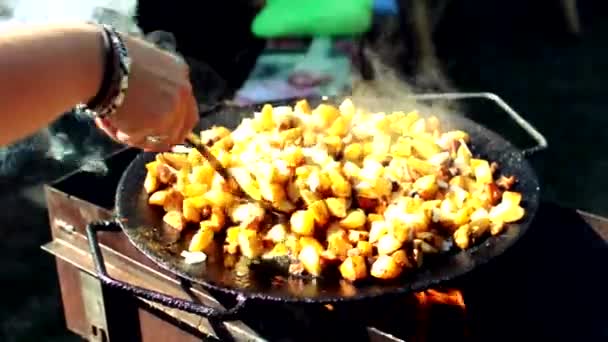 La cuoca gira le patate su un fuoco aperto per non bruciare. Cucinare patate fritte con strutto sul fuoco. Piatto di patate alla griglia in natura. — Video Stock