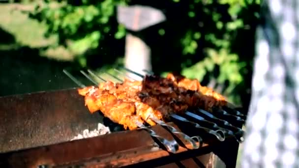 Man waaier van de warmte in de grill onder het vlees, as van de kolen vliegen in de lenzen.Het proces van het koken van heerlijke barbecue op een open vuur in de natuur.Picknick tijd met vrienden en familie concept — Stockvideo