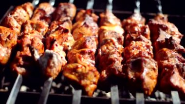 Doğada açık ateşte leziz barbekü pişirme süreci. Barbeküde leziz bir yemeği kızartıyoruz. Sokak yemeği. Ateşin üstünde domuz eti. Aile ve arkadaşlarla piknik zamanı.