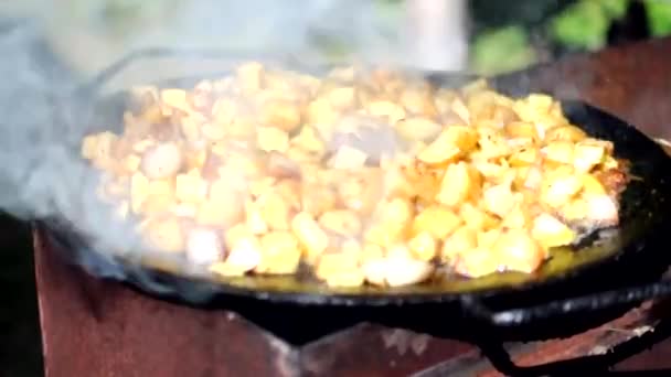 Cucinare patate fritte con strutto sul fuoco. Verdure fritte in un incendio nella foresta. Picnic e barbecue con una compagnia intorno al fuoco lungo la strada. Piatto di patate alla griglia. — Video Stock