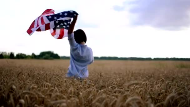 Un jeune activiste américain avec le drapeau américain et marche dans un champ de blé à l'extérieur. Célébration du Jour de l'indépendance. — Video